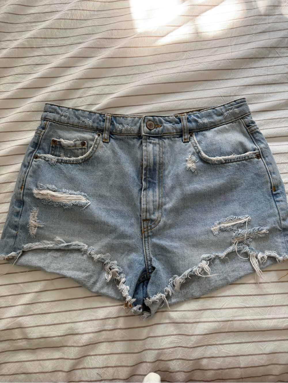 Zara Light Blue High-Waist Distressed Denim Shorts